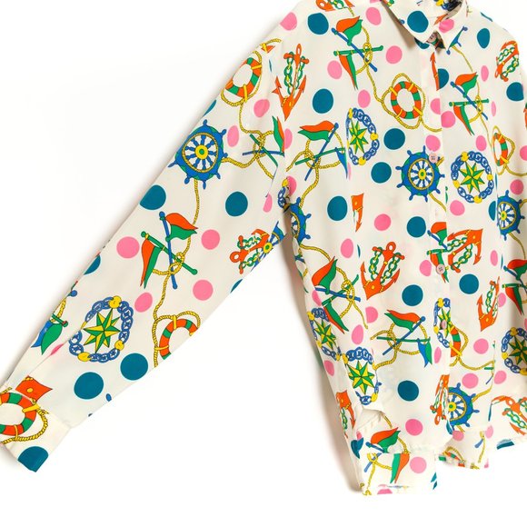 VTG Nautical Polka Dot Print Button Down - Picture 6 of 7